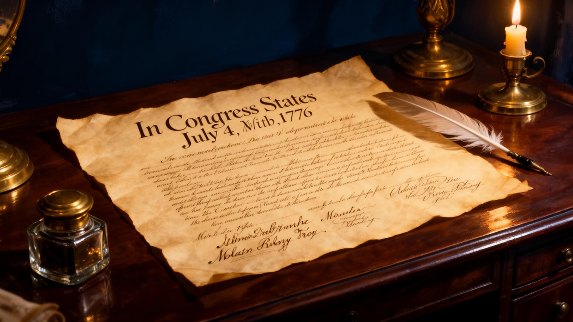 Close-up of the Declaration of Independence on parchment with quill and inkwell