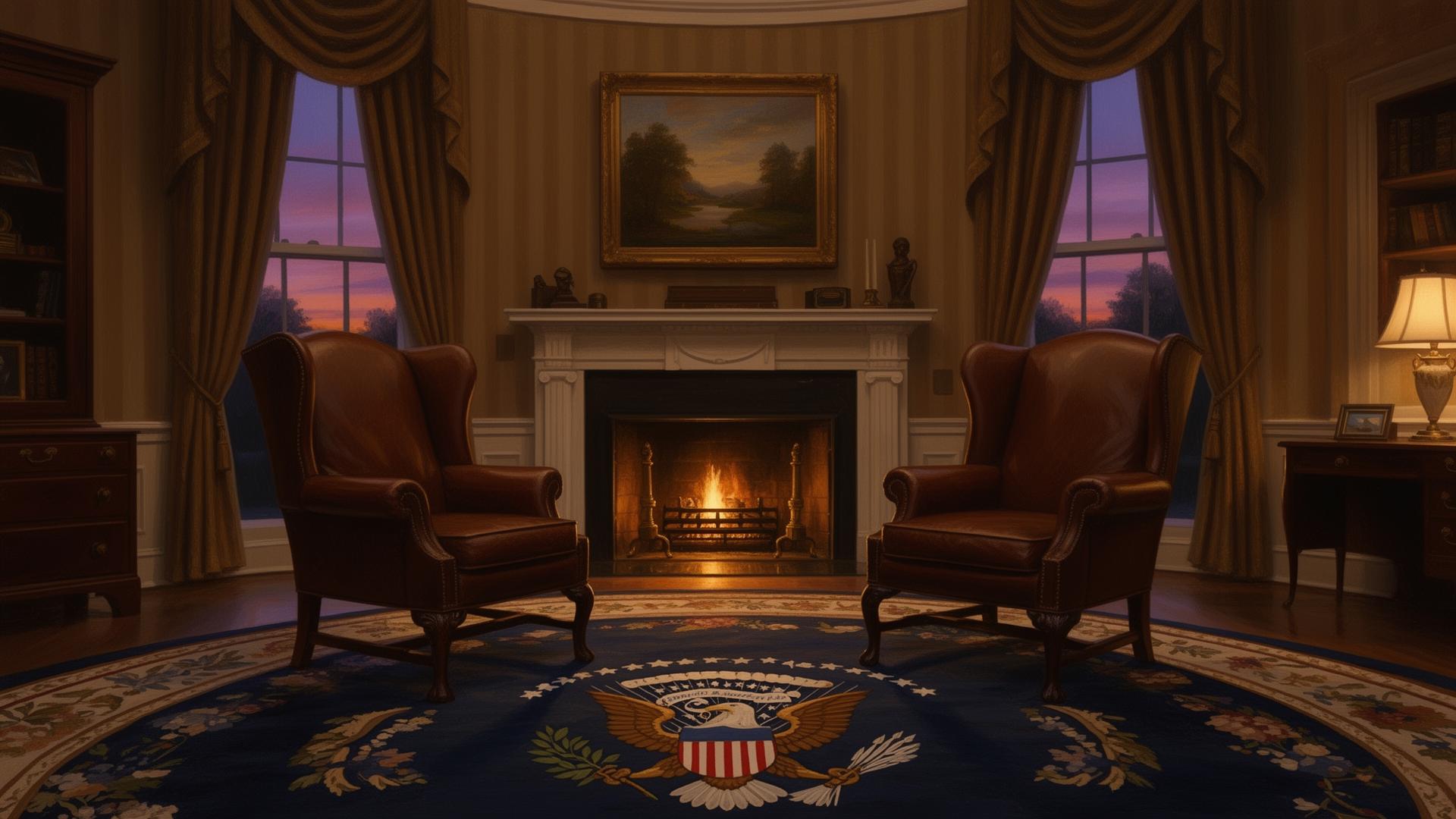 The Oval Office at dusk — two wingback chairs facing each other across the presidential seal, evoking the after-hours conversations of Reagan and O'Neill