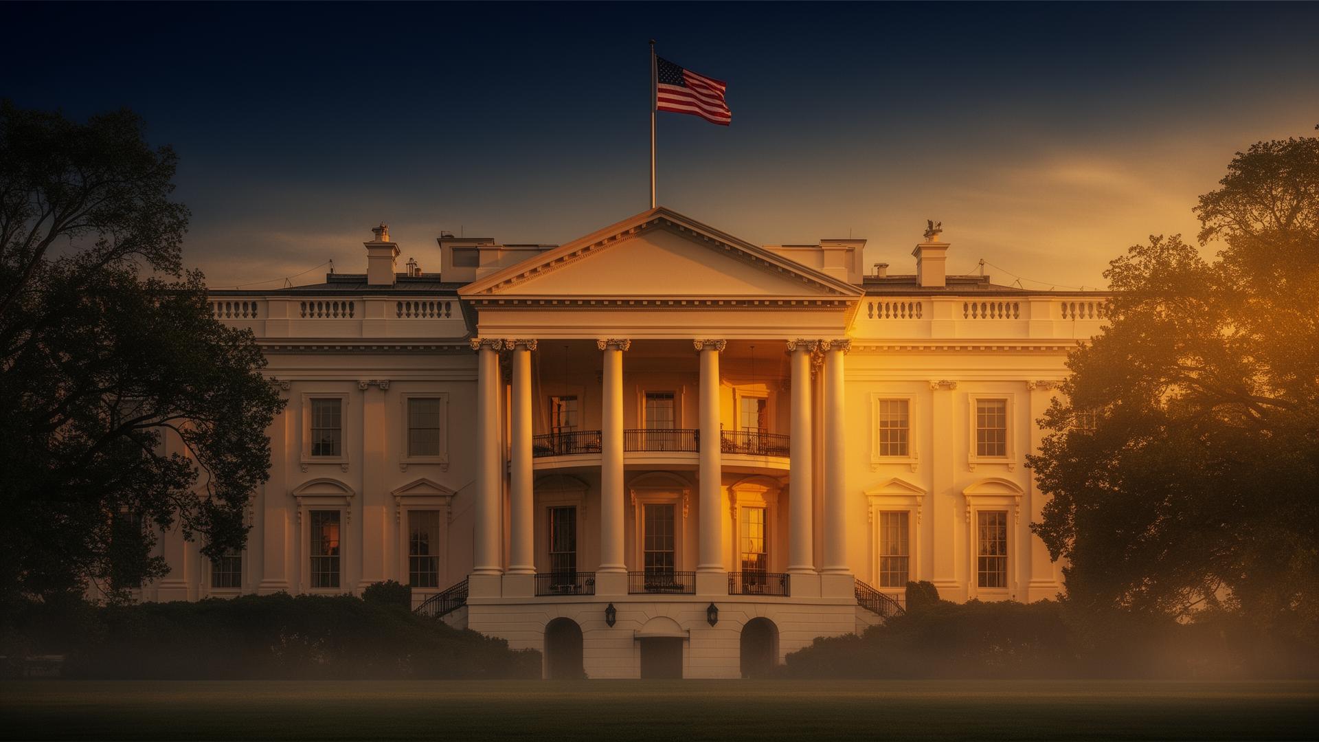 The White House North Portico at golden hour